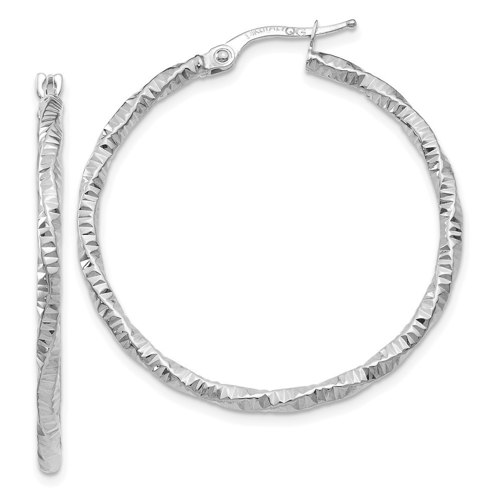 14K White Gold Polished and Textured Hoop Earrings 35 L x 34.5 mm W